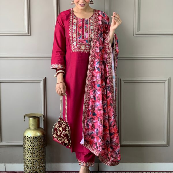 Floral Handwork Chanderi Kurta Payjam Set With Dupatta