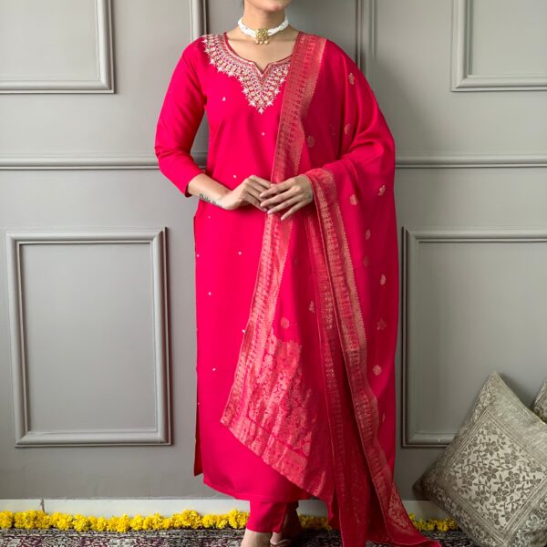 Delicate Handwork Chanderi Kurta Payjam Set With Dupatta