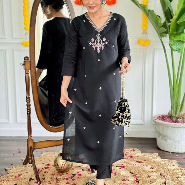 Women's Black Viscose Chanderi Embroidered Straight Kurta with Rayon Slub Pant And Silk Printed Dupatta Sets