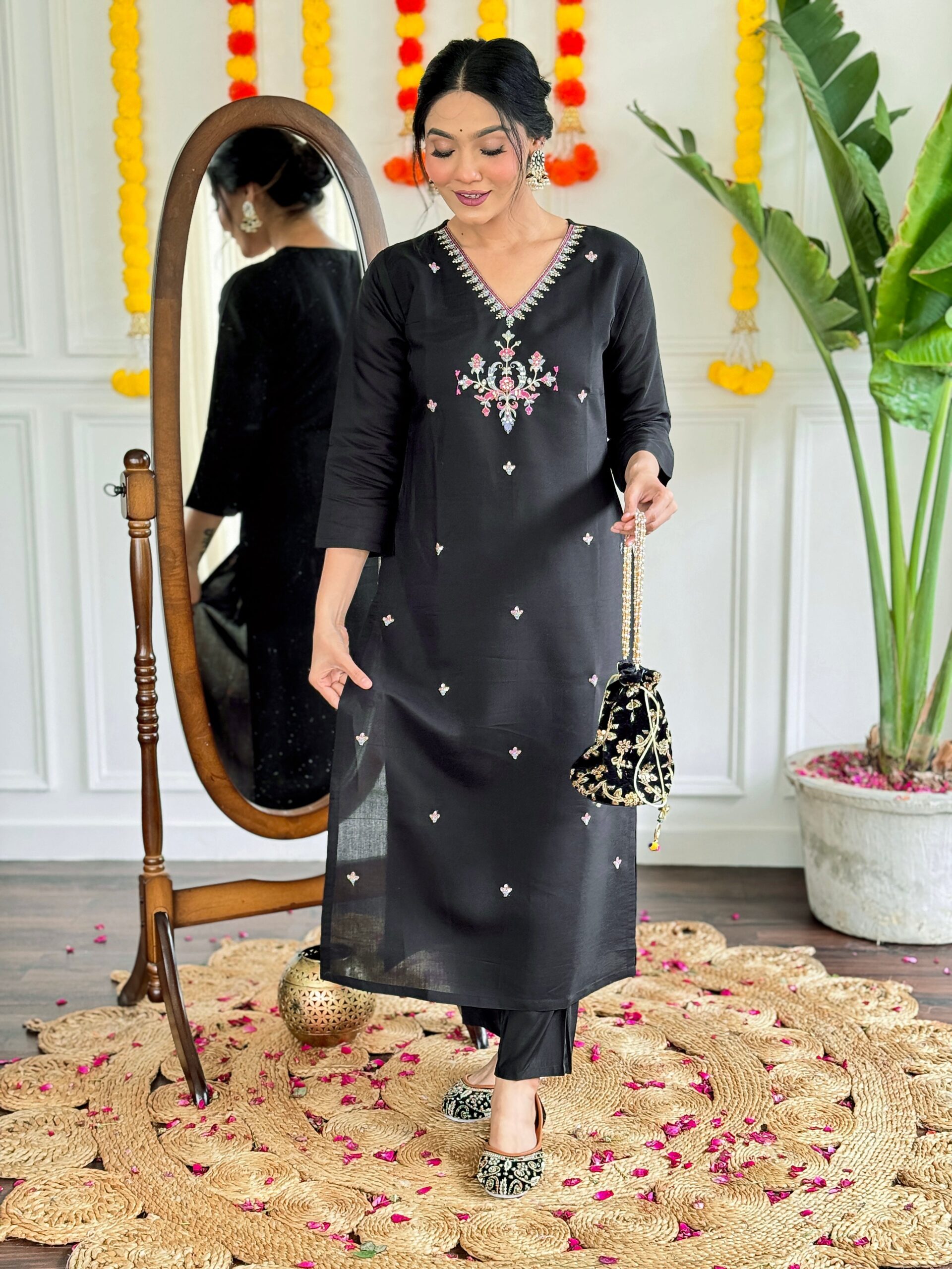 K-RDC0007_6 Women's Black Viscose Chanderi Embroidered Straight Kurta with Rayon Slub Pant And Silk Printed Dupatta Sets - Image 1