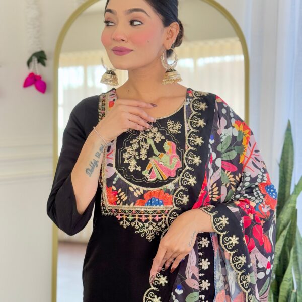 Women's Black Viscose Chanderi Embroidered Straight Kurta with Viscose Chanderi Pant And Silk Printed Dupatta Sets