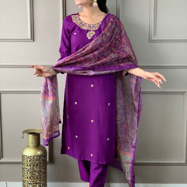 Women's Dark Purple Rayon Slub Embroidered Straight Kurta with Rayon Slub Pant And Organza Printed Dupatta Sets