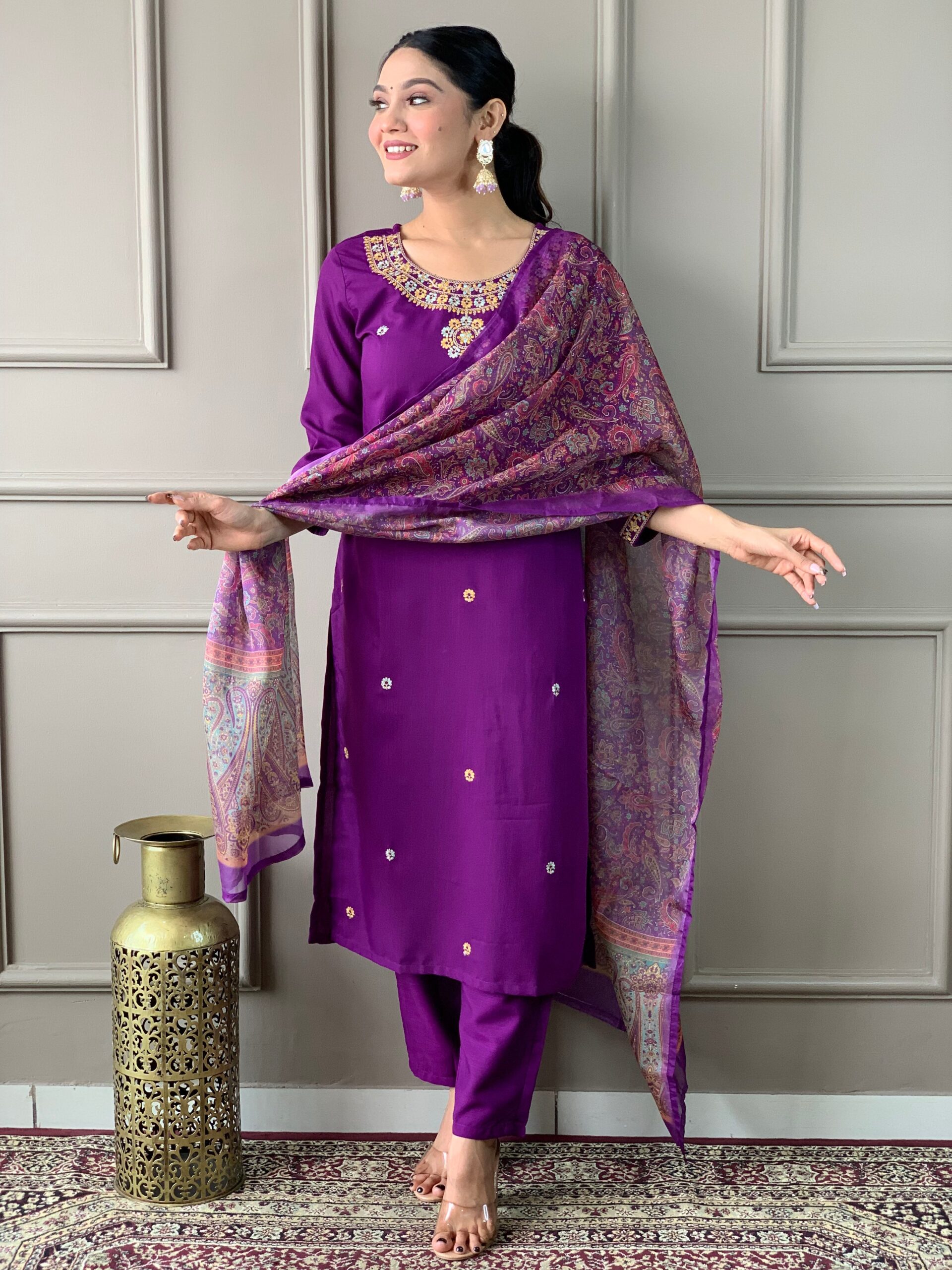 K-RDC0011_1 Women's Dark Purple Rayon Slub Embroidered Straight Kurta with Rayon Slub Pant And Organza Printed Dupatta Sets - Image 1