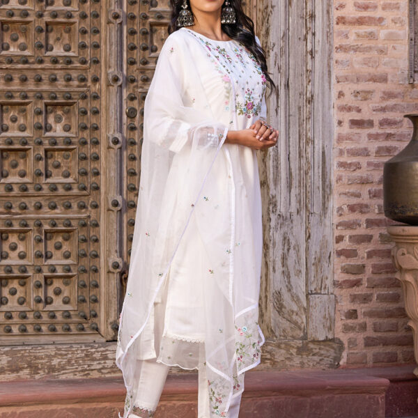 Women's White Viscose Chanderi Embroidered Straight Kurta with Viscose Chanderi Pant And Organza Printed Dupatta Sets
