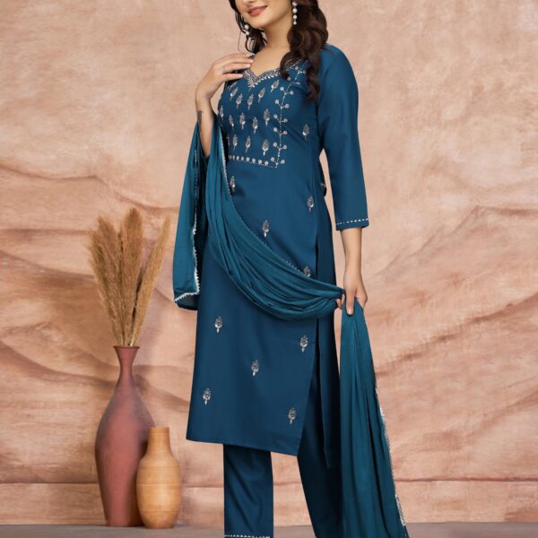 Women's Embroidered Cottan Blend Kurti With Pant & Dupatta Set