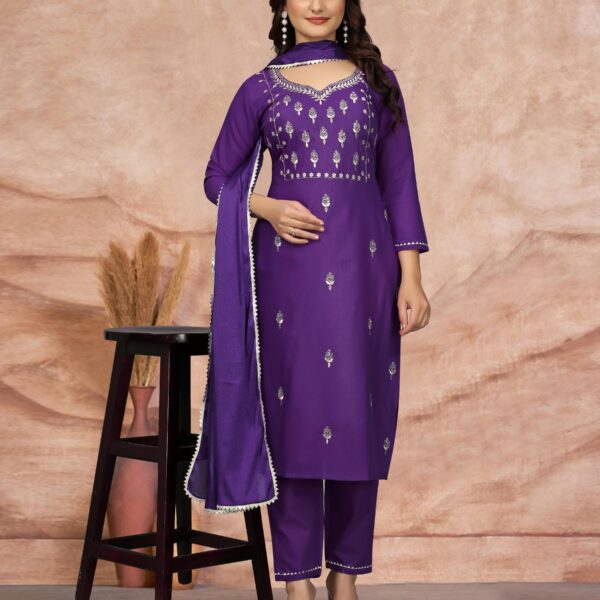 Women's Embroidered Cottan Blend Kurti With Pant & Dupatta Set