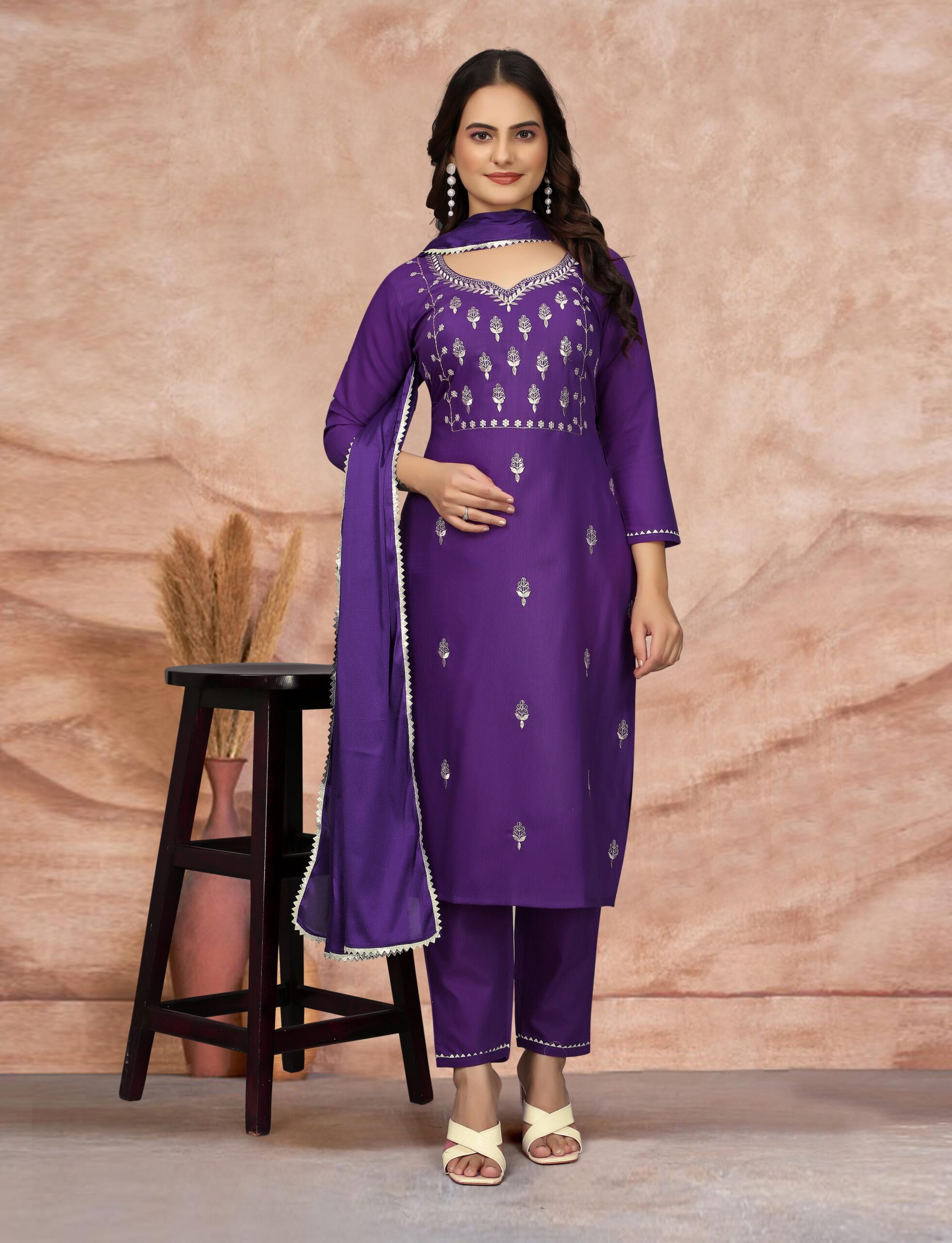 K-RDC0040_2 Women's Embroidered Cottan Blend Kurti With Pant & Dupatta Set - Image 1