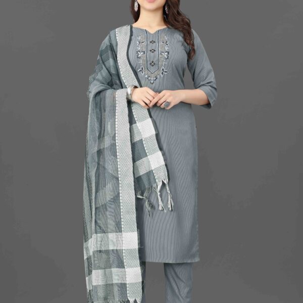 Women's Embroidered Cottan Blend Kurti With Pant & Dupatta Set