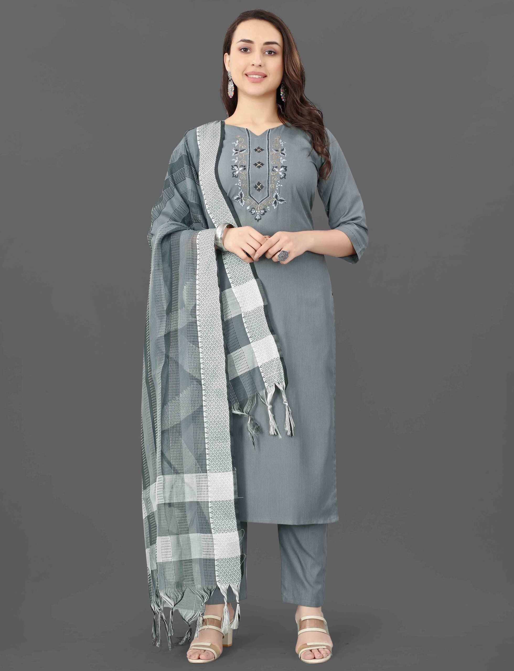 K-RDC0041_5 Women's Embroidered Cottan Blend Kurti With Pant & Dupatta Set - Image 1