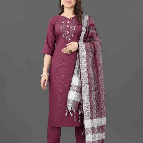 Women's Embroidered Cottan Blend Kurti With Pant & Dupatta Set