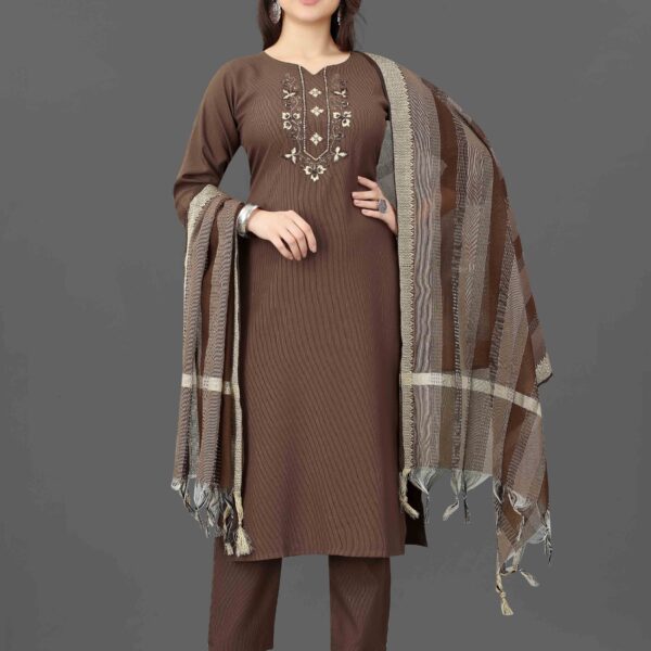 Women's Embroidered Cottan Blend Kurti With Pant & Dupatta Set