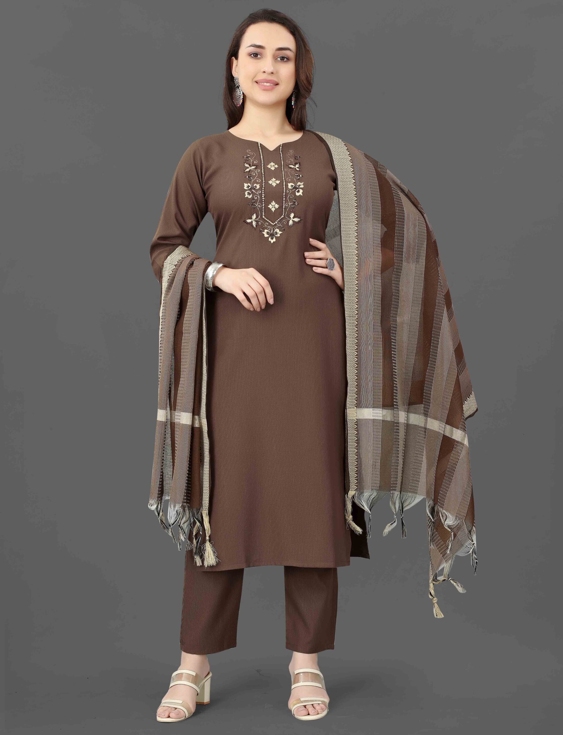 K-RDC0043_6 Women's Embroidered Cottan Blend Kurti With Pant & Dupatta Set - Image 1