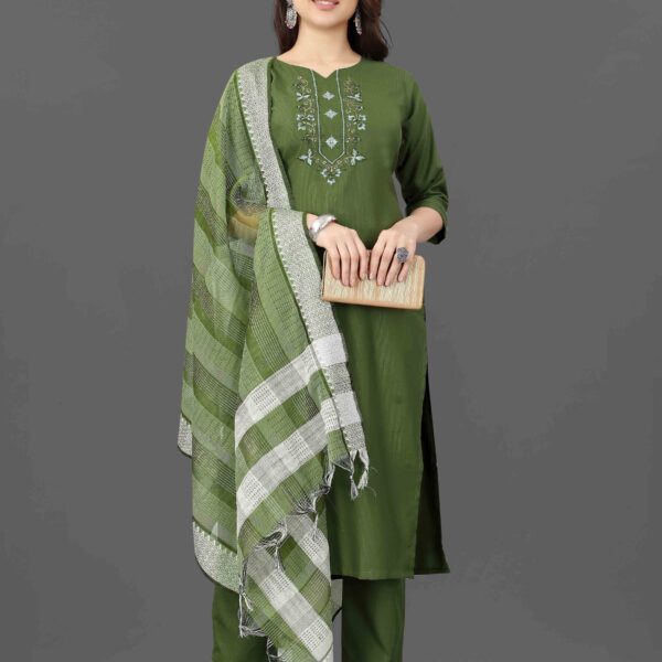 Women's Embroidered Cottan Blend Kurti With Pant & Dupatta Set