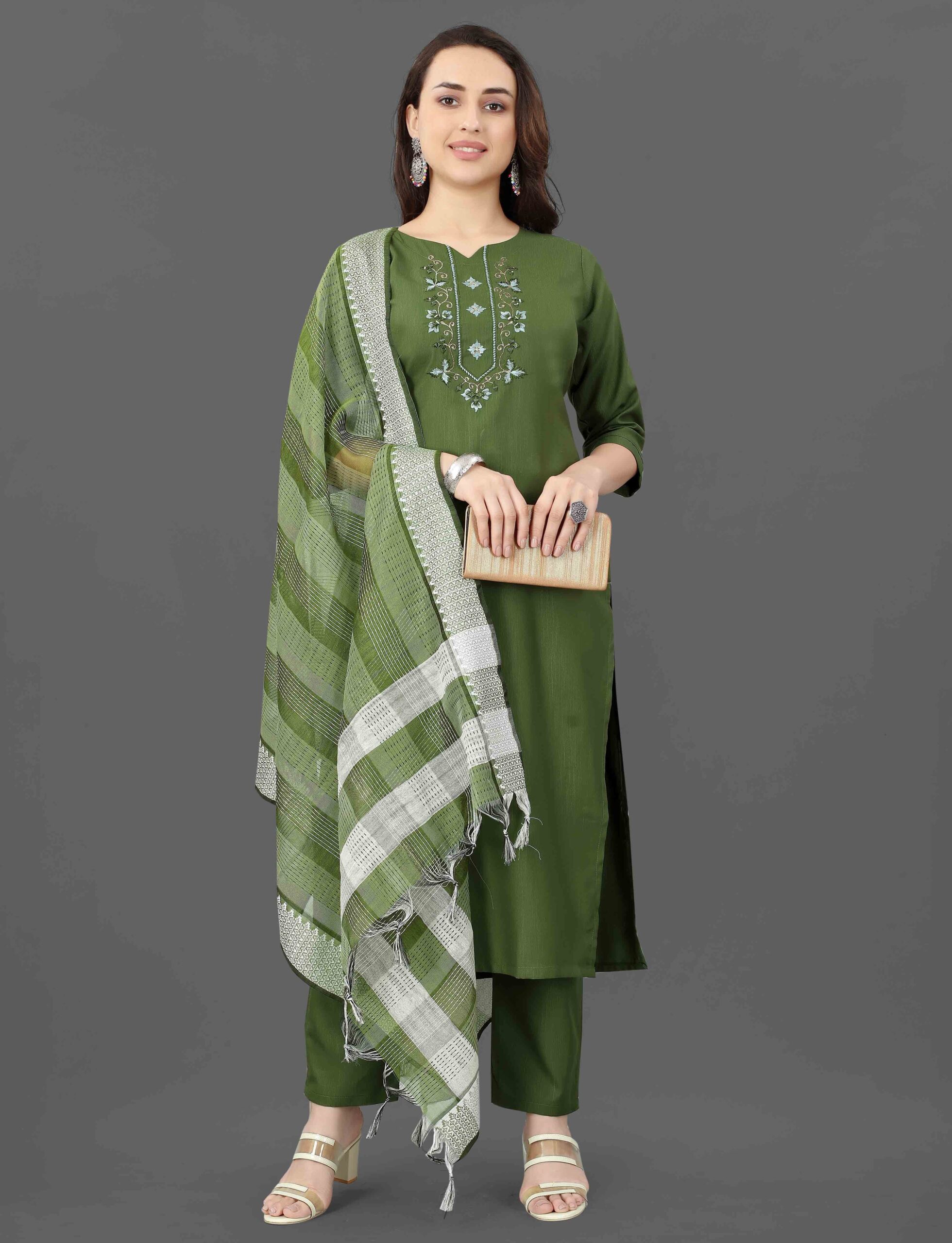 K-RDC0044_6 Women's Embroidered Cottan Blend Kurti With Pant & Dupatta Set - Image 1