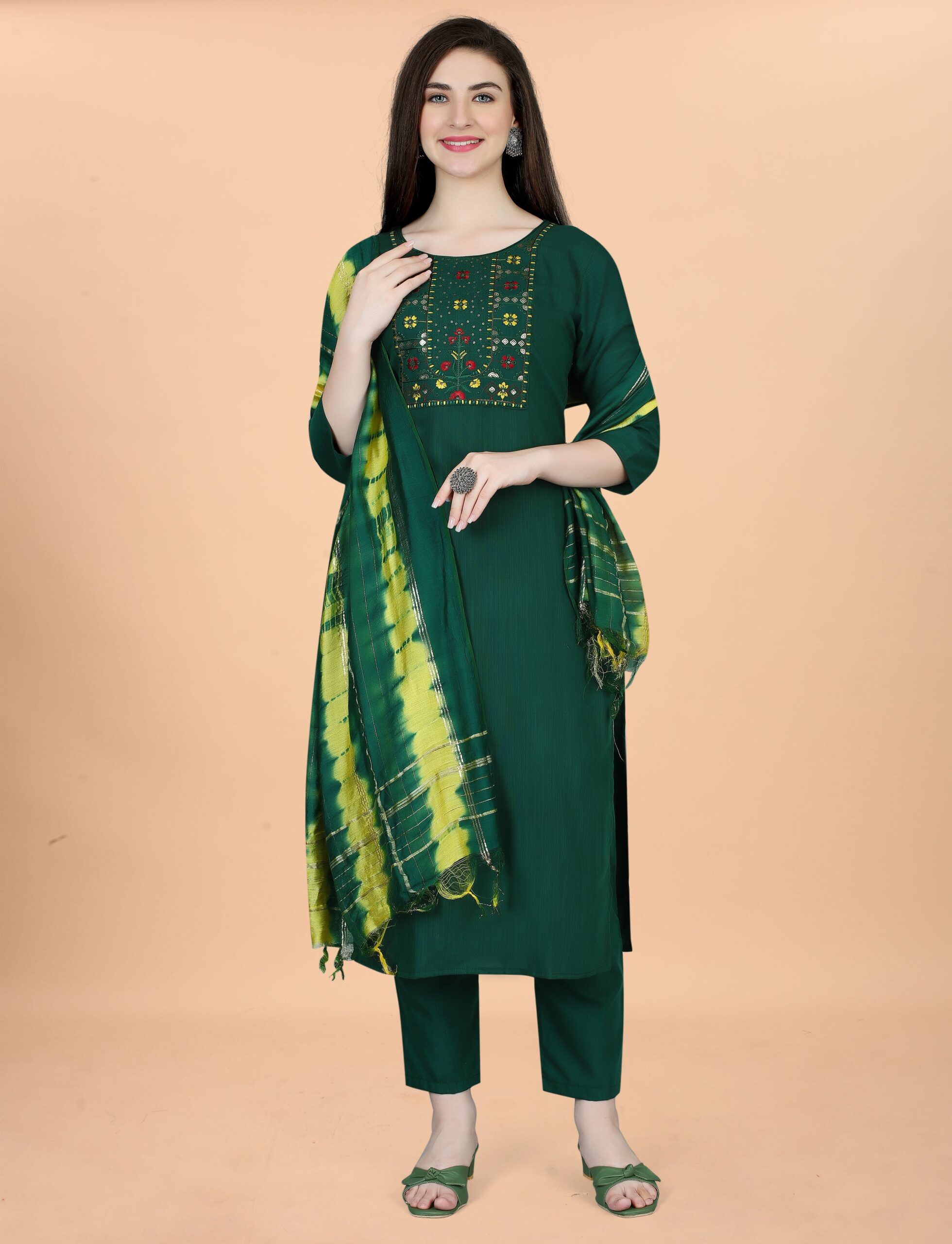 K-RDC0046_2 Women's Embroidered Cottan Blend Kurti With Pant & Chanderi Dupatta Set - Image 1