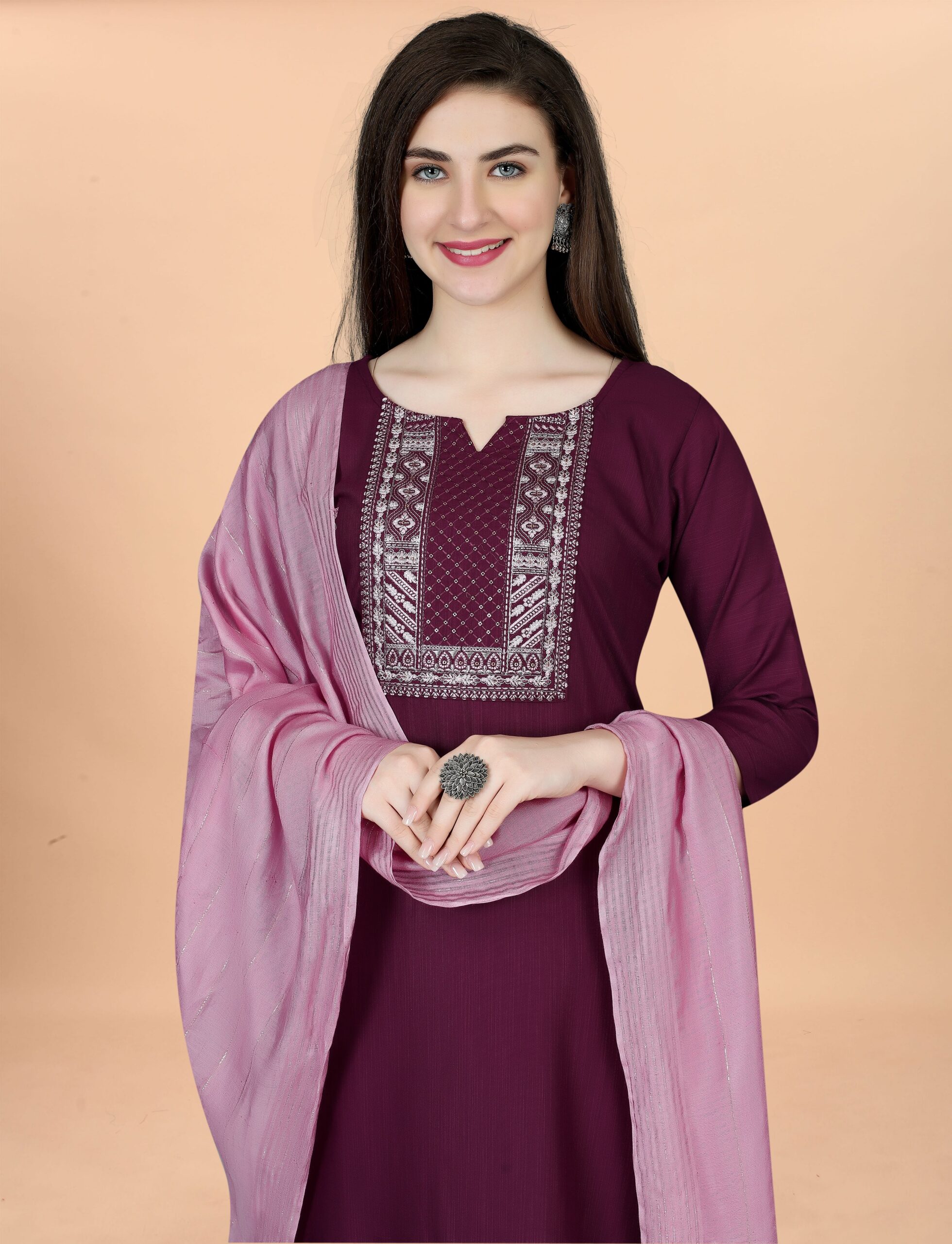 K-RDC0051_1 Women Cotton Blend Heavy Embroidery Kurta With Pant And Chanderi Dupata Set - Image 1