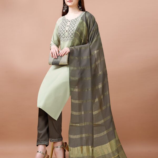 Women's Embroidered Cottan Blend Kurti With Pant & Chanderi Dupatta Set