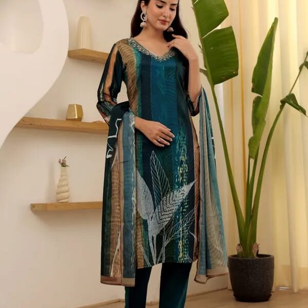Women's Rayon Slub Embroidered Kurta with Rayon Slub Pant And Chanderi Dupatta Sets