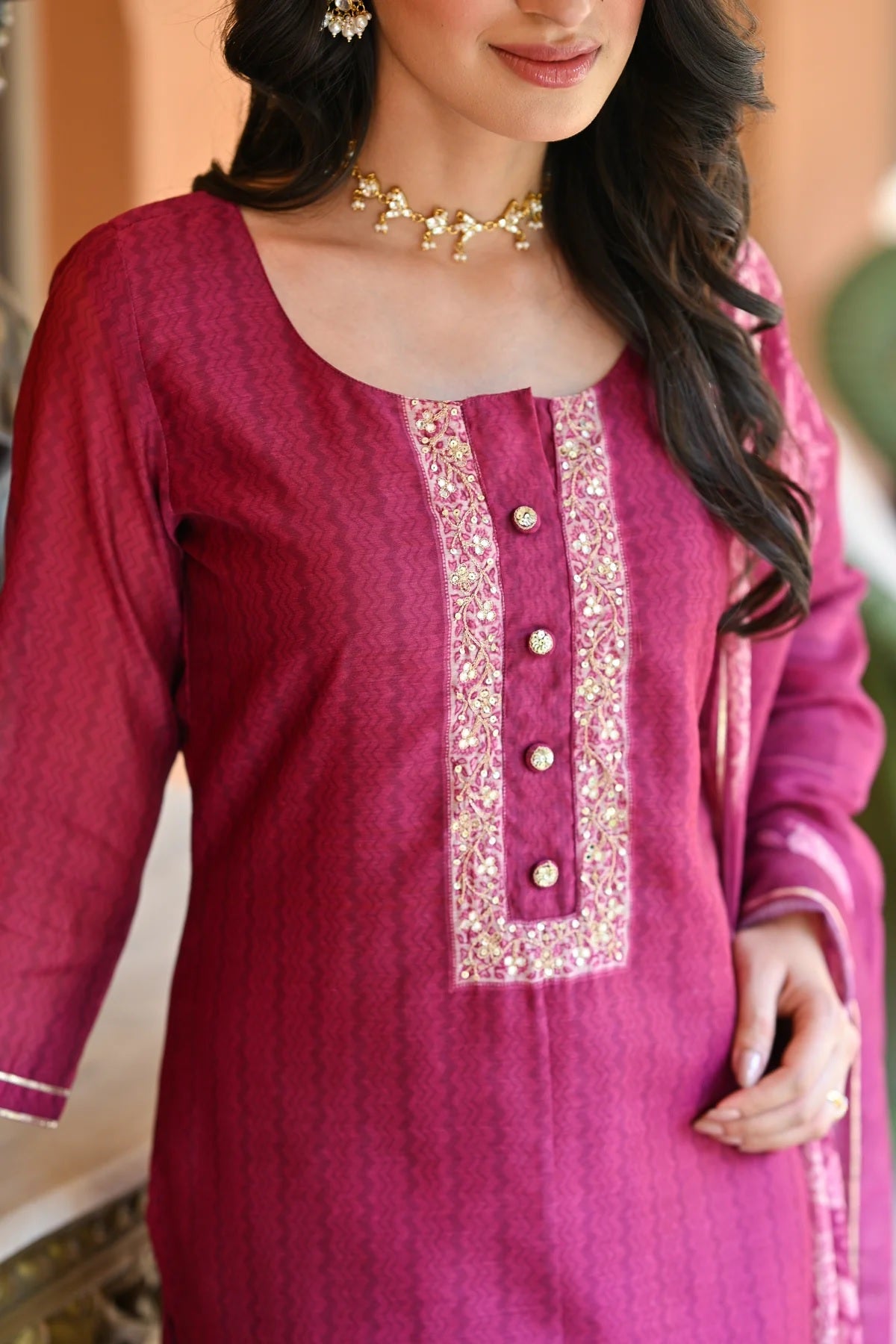 K-RDC0061_1 Women's Rayon Slub Embroidered Kurta with Cotton Slub Pant And Chanderi Dupatta Sets - Image 1