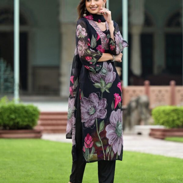Women's Georgette Embroidered Kurta with Roman Silk Pant And Georgette Dupatta Sets