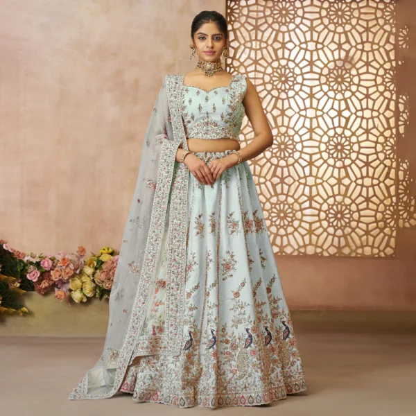 Beautiful Sky Blue Color Sequins Chinon Reception Wear Lehenga Choli