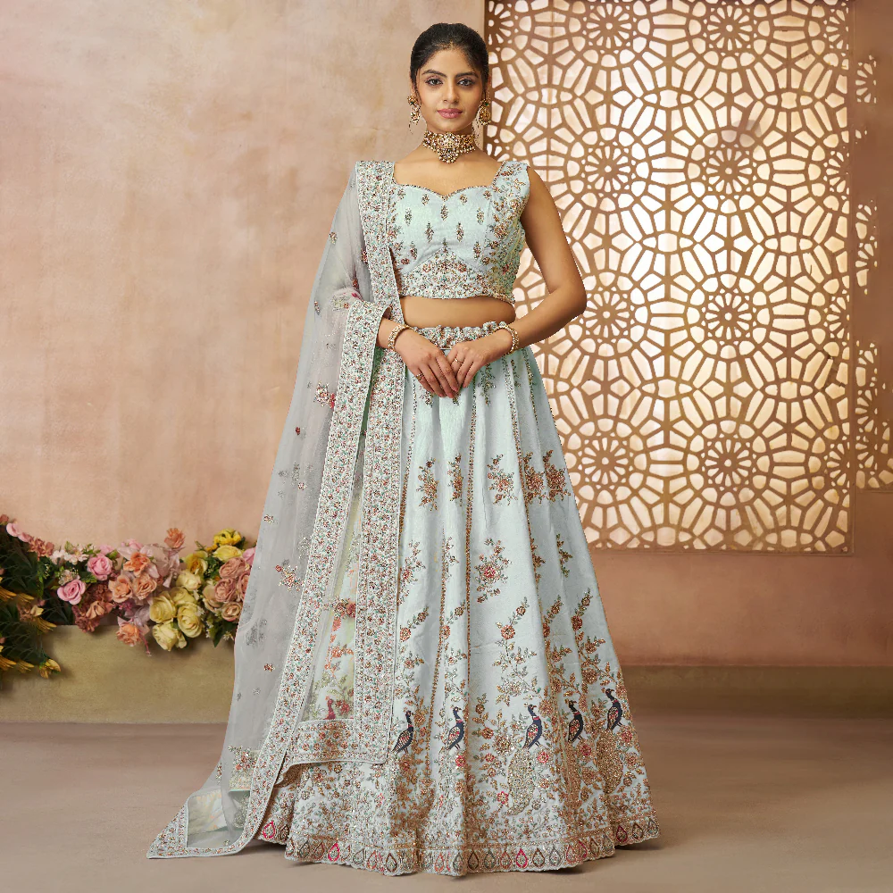 Beautiful Sky Blue Color Sequins Chinon Reception Wear Lehenga Choli Beautiful Sky Blue Color Sequins Chinon Reception Wear Lehenga Choli - Image 1