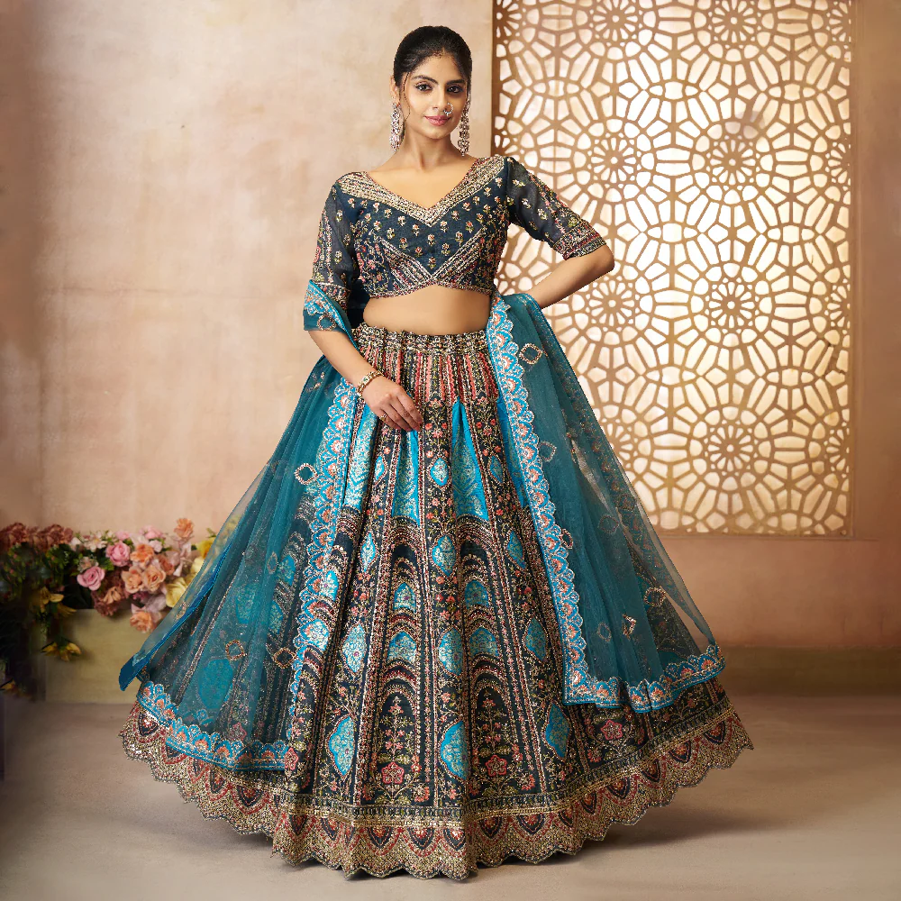 Blue Aari Embroidered Banarasi Lehenga for Brides Blue Aari Embroidered Banarasi Lehenga for Brides - Image 1