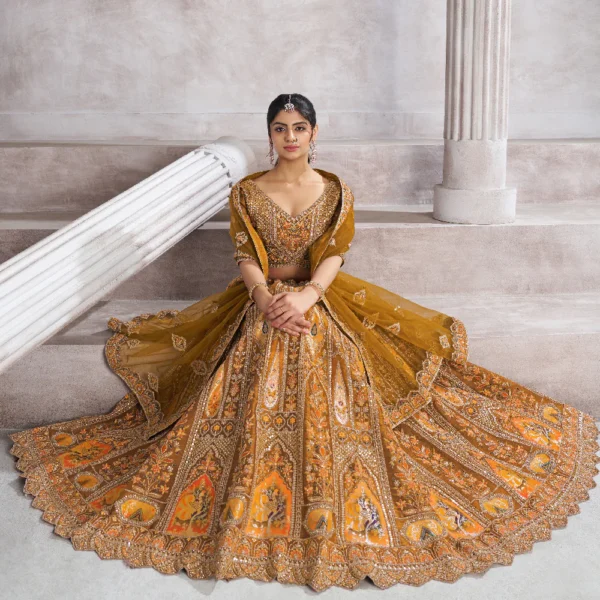 Earthy Mustard Color Bridal Lehenga with Patch and Aari Work Semi-Stitched Lehenga Choli