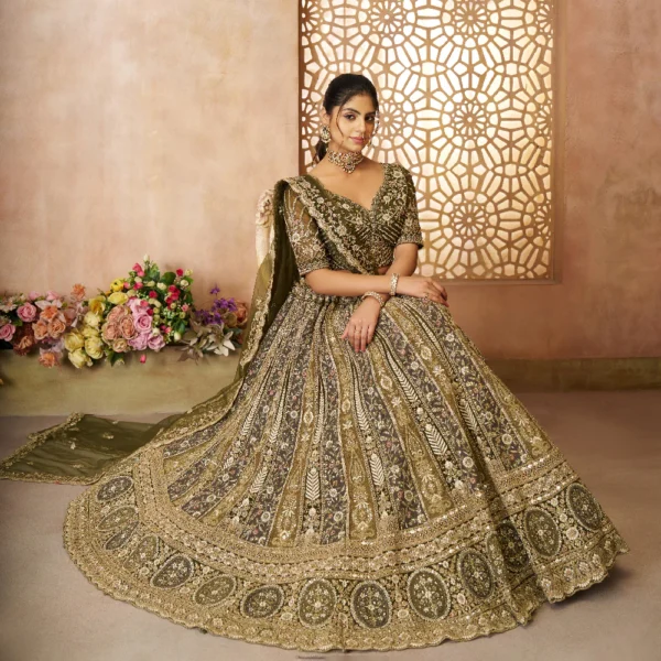 Gorgeous Mehendi Banarasi Silk Bridal Lehenga β Threadwork Splendor Celebrate Love in Vibrant Style
