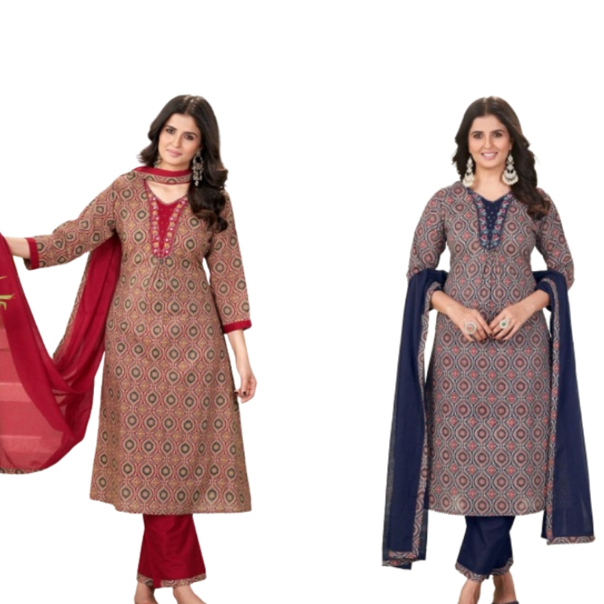 image (1) Cotton Print Kurta Set with Hand Embroidery and Dupatta - Image 1