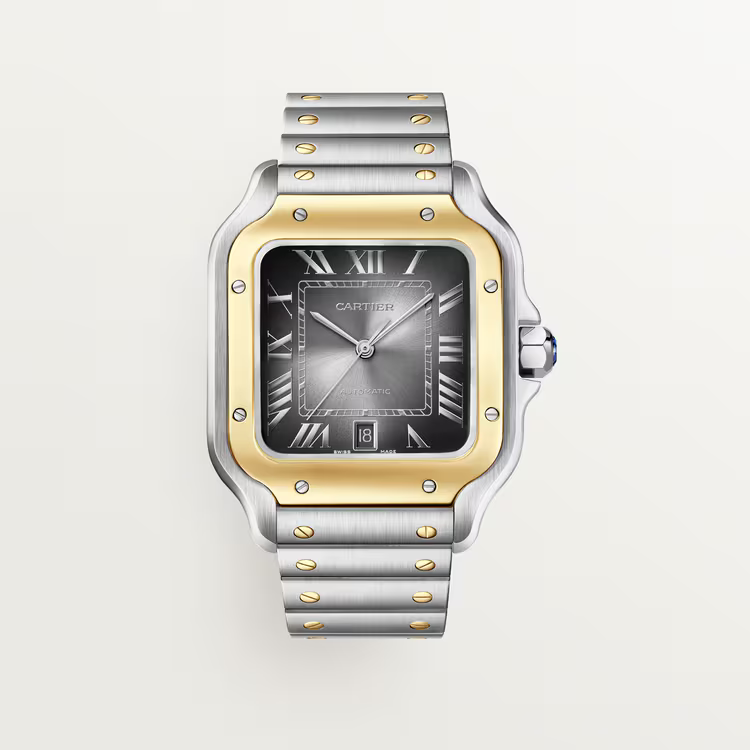 image (5) Cartier Santos Large Grey Dial Gold Bezel - Image 1