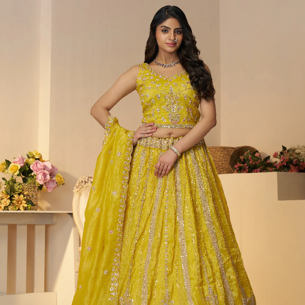 Lehenga For Haldi – Indian Lehenga with Sequins and Cut Dana Work Lehenga For Haldi – Indian Lehenga with Sequins and Cut Dana Work - Image 1