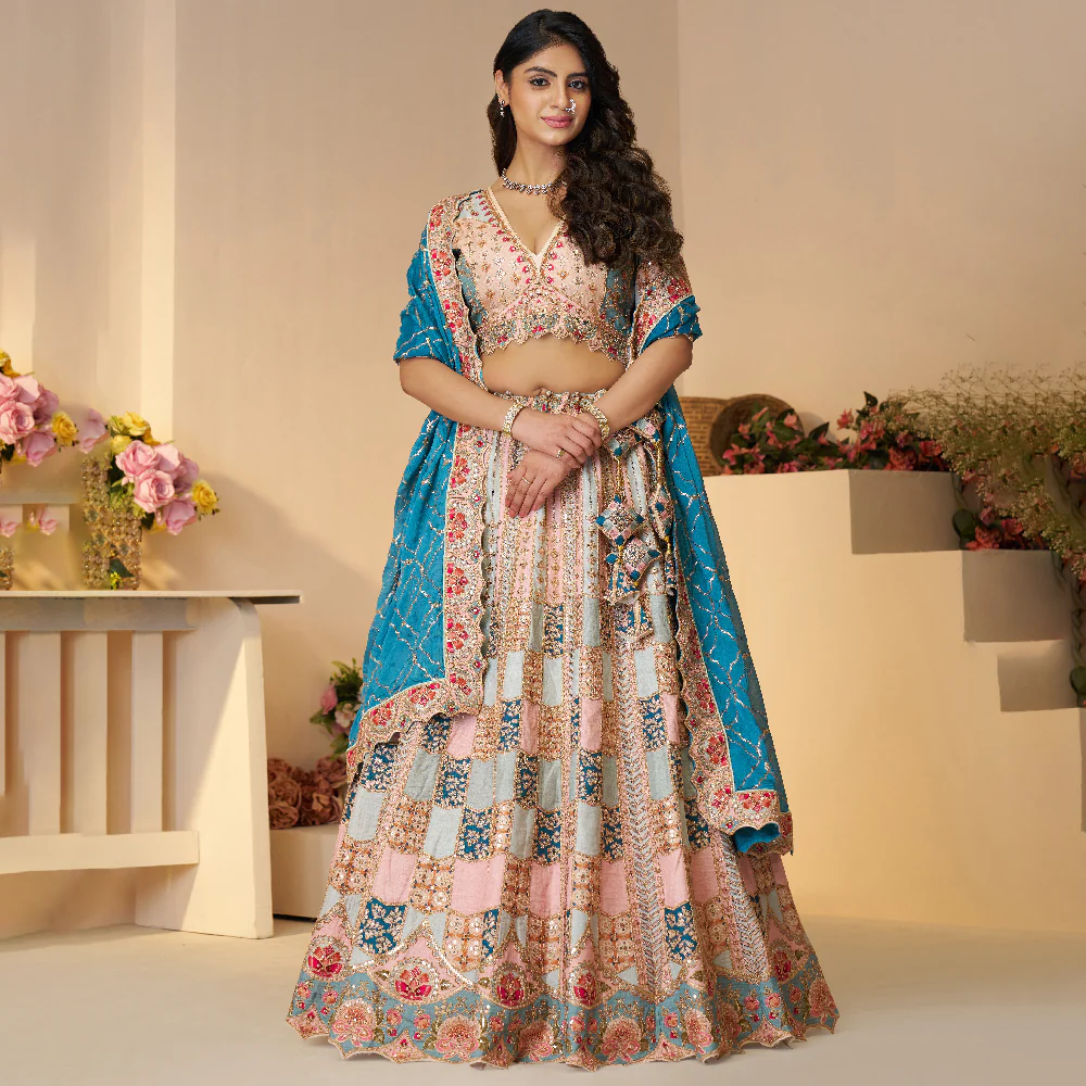 Powder Blue Position Print Jaal Patterned Party Wear Lehenga with Sequin and Aari Work Powder Blue Position Print Jaal Patterned Party Wear Lehenga with Sequin and Aari Work - Image 1