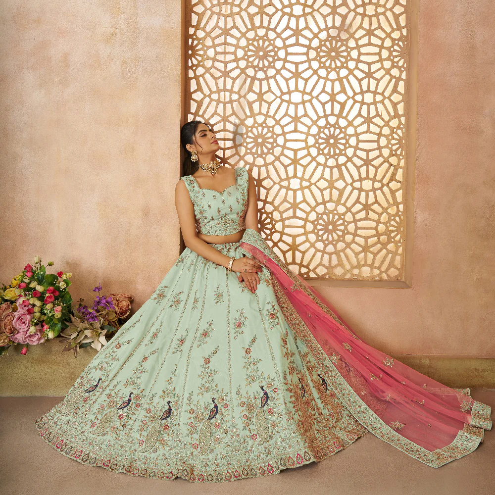 Surprising Green Zari Weaving Silk Wedding Lehenga Choli with Dupatta Surprising Green Zari Weaving Silk Wedding Lehenga Choli with Dupatta - Image 1