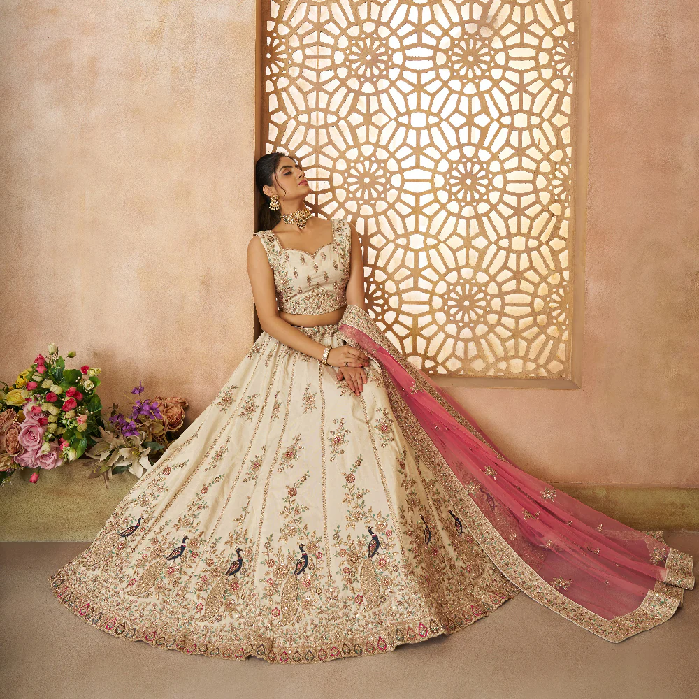 White Modern Zari Silk Fabric with Sequins and Thread Embroidery Semi-Stitched Lehenga Choli and Dupatta White Modern Zari Silk Fabric with Sequins and Thread Embroidery Semi-Stitched Lehenga Choli and Dupatta - Image 1