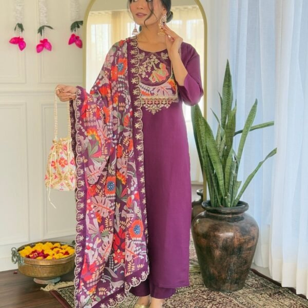 Women's Purple Viscose Chanderi Embroidered Straight Kurta with Viscose Chanderi Pant And Silk Printed Dupatta Sets