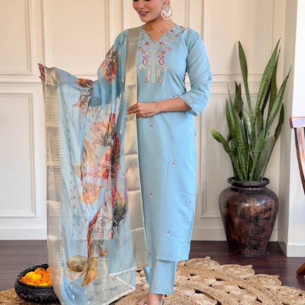 Women's Sky Blue Viscose Chanderi Embroidered Straight Kurta with Viscose Chanderi Pant And jacquard Butti Printed Dupatta Sets