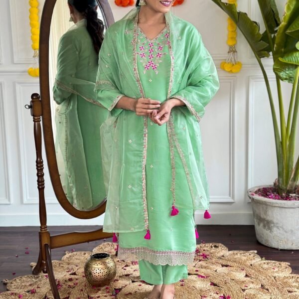 Women's Mint Green Viscose Chanderi Embroidered Straight Kurta with Viscose Chanderi Pant And Organza Printed Dupatta Sets