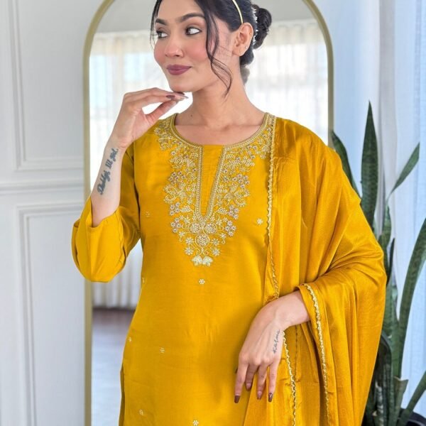 Women's Musterd Yellow Viscose Chanderi Embroidered Straight Kurta with Viscose Chanderi Pant And Chinnon Printed Dupatta Sets