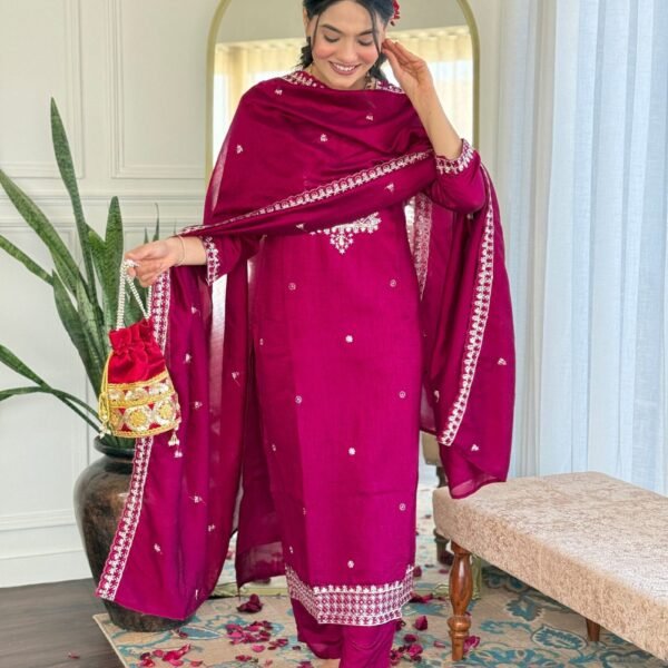 Women's Marron Dola Silk Embroidered Straight Kurta with Dola Silk Pant And Dola Silk Printed Dupatta Sets