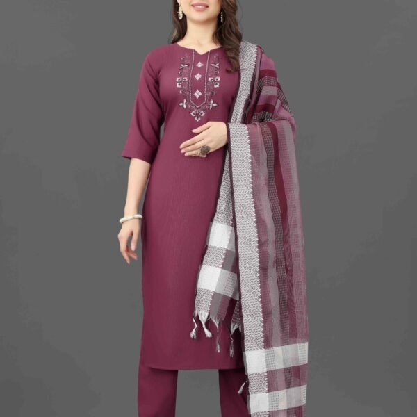 Women's Embroidered Cottan Blend Kurti With Pant & Dupatta Set