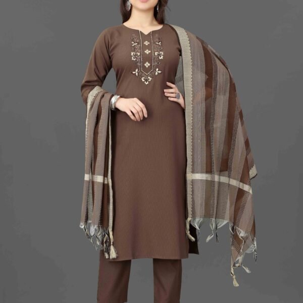Women's Embroidered Cottan Blend Kurti With Pant & Dupatta Set