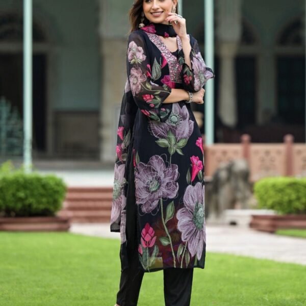 Women's Georgette Embroidered Kurta with Roman Silk Pant And Georgette Dupatta Sets