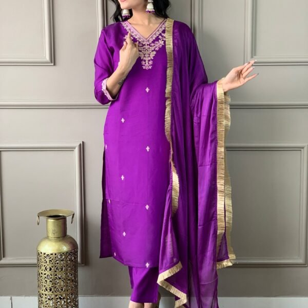 Women's Viscose Chanderi Embroidered Straight Kurta with Pant And Silk Printed Dupatta Sets