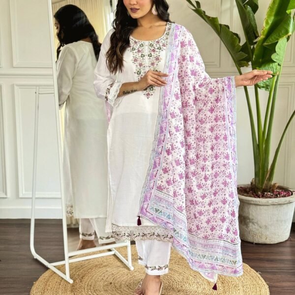 Women's Viscose Chanderi Embroidered Straight Kurta with Pant And Jacquard Printed Dupatta Sets