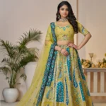 Alluring Bel Butti Pattern Golden Sangeet Lehenga Choli