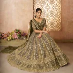 Gorgeous Mehendi Banarasi Silk Bridal Lehenga – Threadwork Splendor Celebrate Love in Vibrant Style