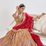 Mustard Color Position Print Jaal Patterned Party Wear Lehenga with Sequin and Aari Work - Image 2