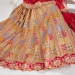 Mustard Color Position Print Jaal Patterned Party Wear Lehenga with Sequin and Aari Work - Image 4
