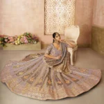 Onion Color Brocade Bridal Lehenga with Banarasi Patches and Zari Panel Work